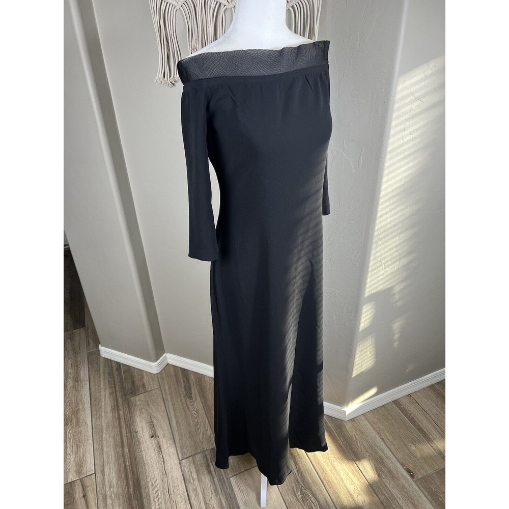 Tahari Womans Long Black Off Shoulder Maxi Dress Organza Trim Size 8 Flattering